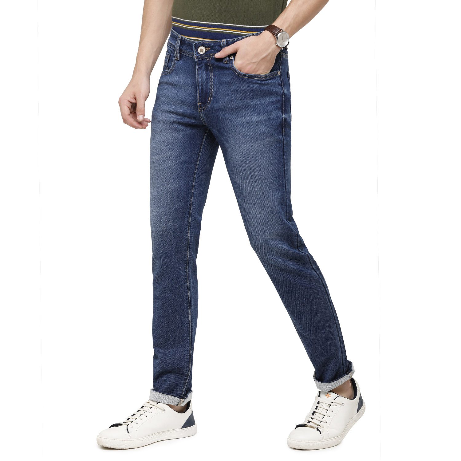 Classic Polo Mens Solid Slim Fit 98% Cotton 2% Lycra Blue Jean (CPDM2-01E-DBL-SL-LY_30INCH)