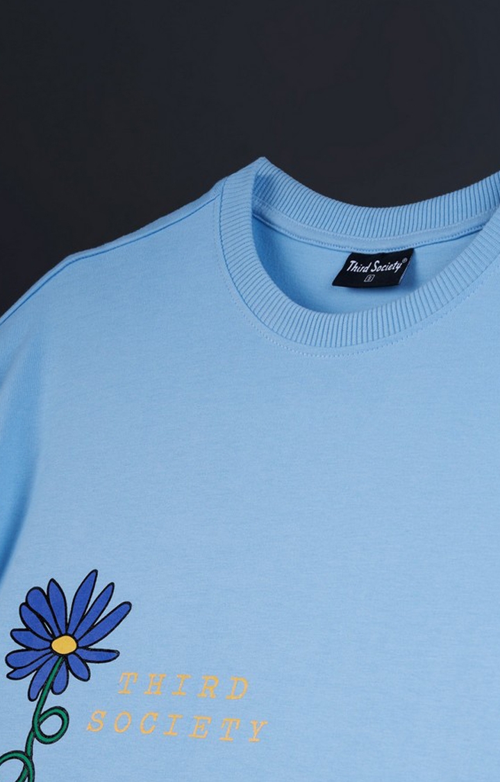 Unisex Flower Printed Sky Blue Cotton Oversized T-Shirt