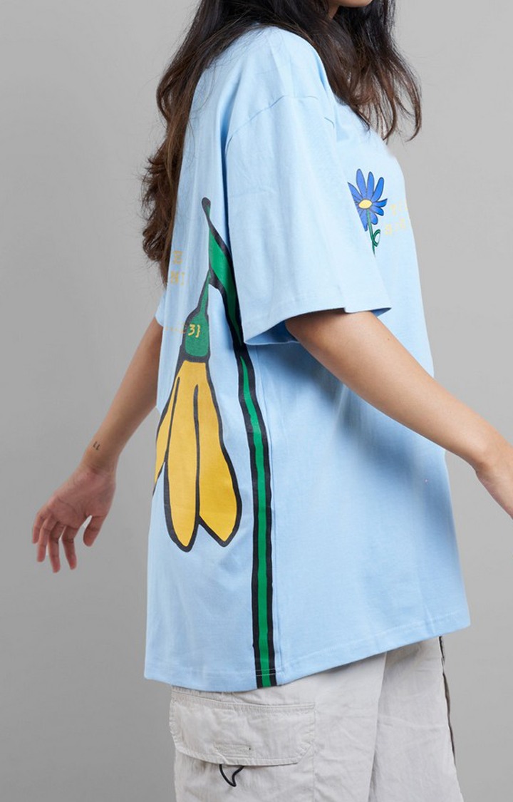 Unisex Flower Printed Sky Blue Cotton Oversized T-Shirt