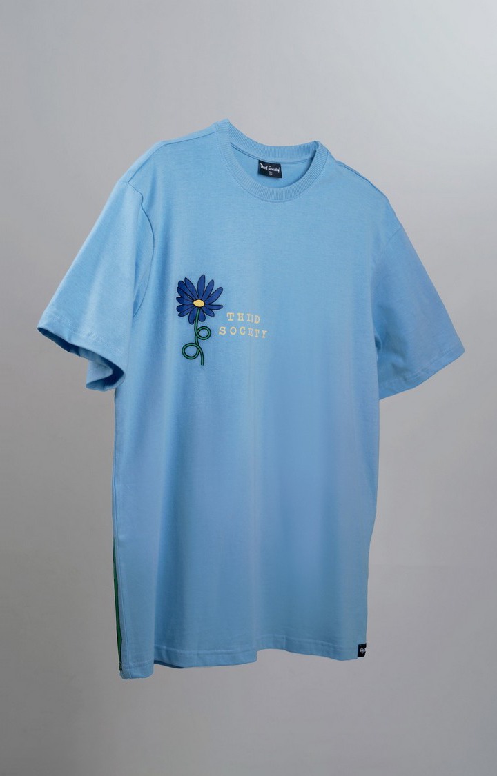 Unisex Flower Printed Sky Blue Cotton Oversized T-Shirt