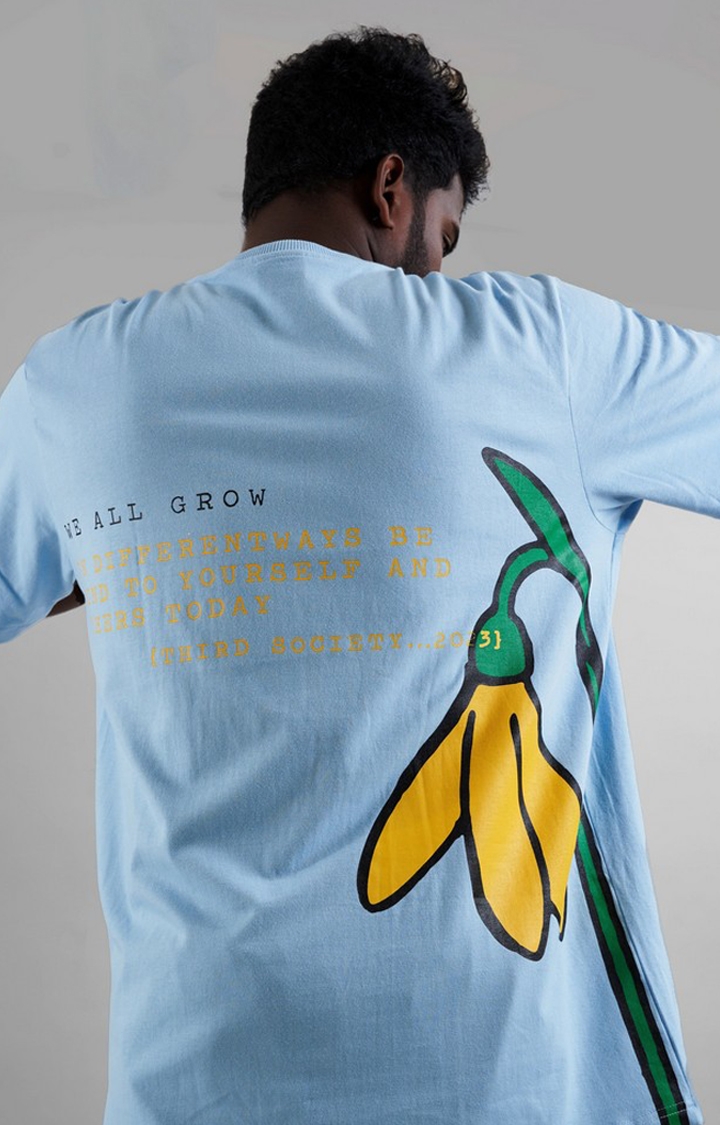THIRD SOCIETY | Unisex Flower Printed Sky Blue Cotton Oversized T-Shirt