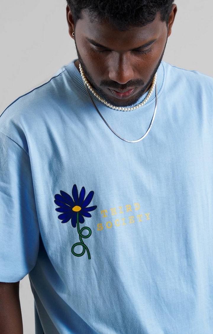 Unisex Flower Printed Sky Blue Cotton Oversized T-Shirt