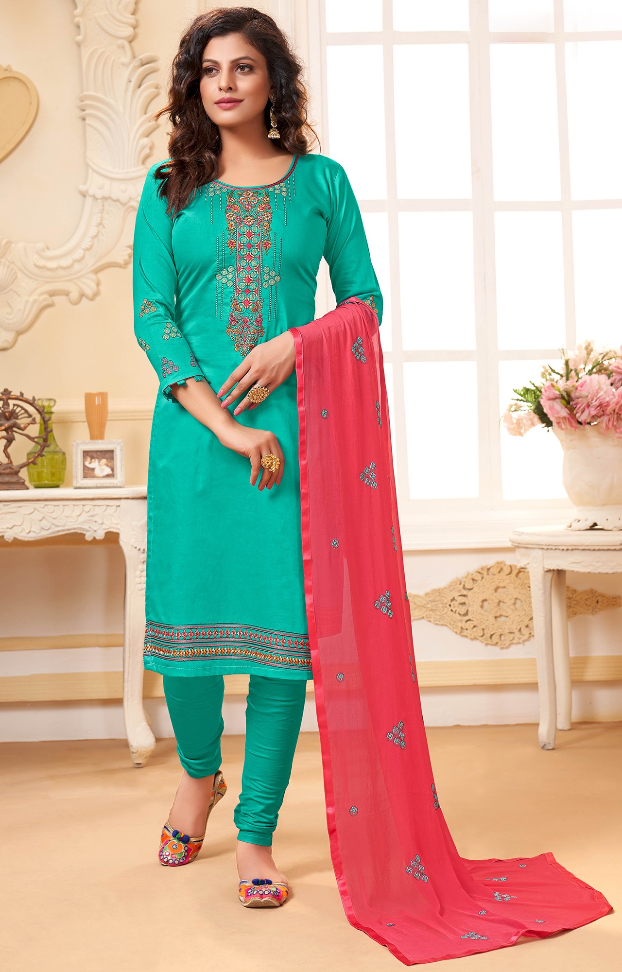 Turquoise Color Cotton Silk Embroidery Unstitched Dress Material-FL_ALBELI1076_DM