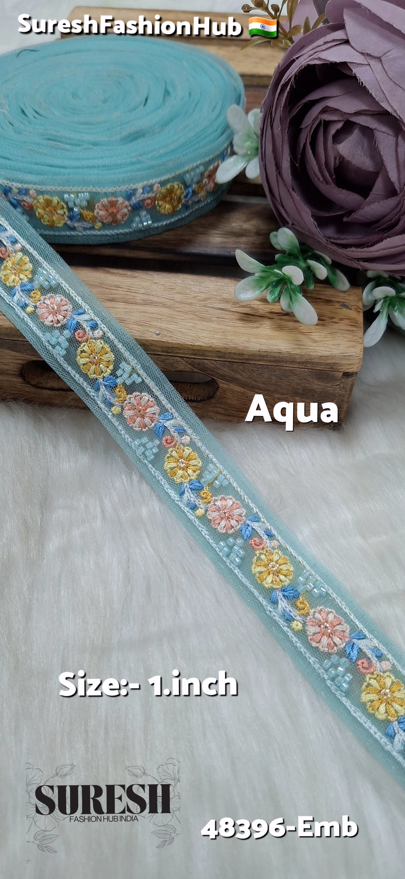 Aqua Multicolor Thread Bead Embroidery Lace