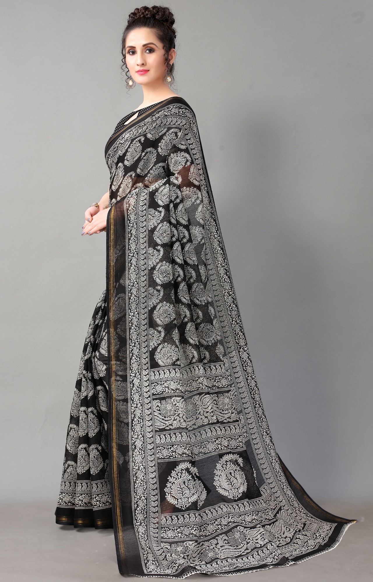 Women Black Batick Block Print Casual Wear Saree-HAL21CTN00036BLCK