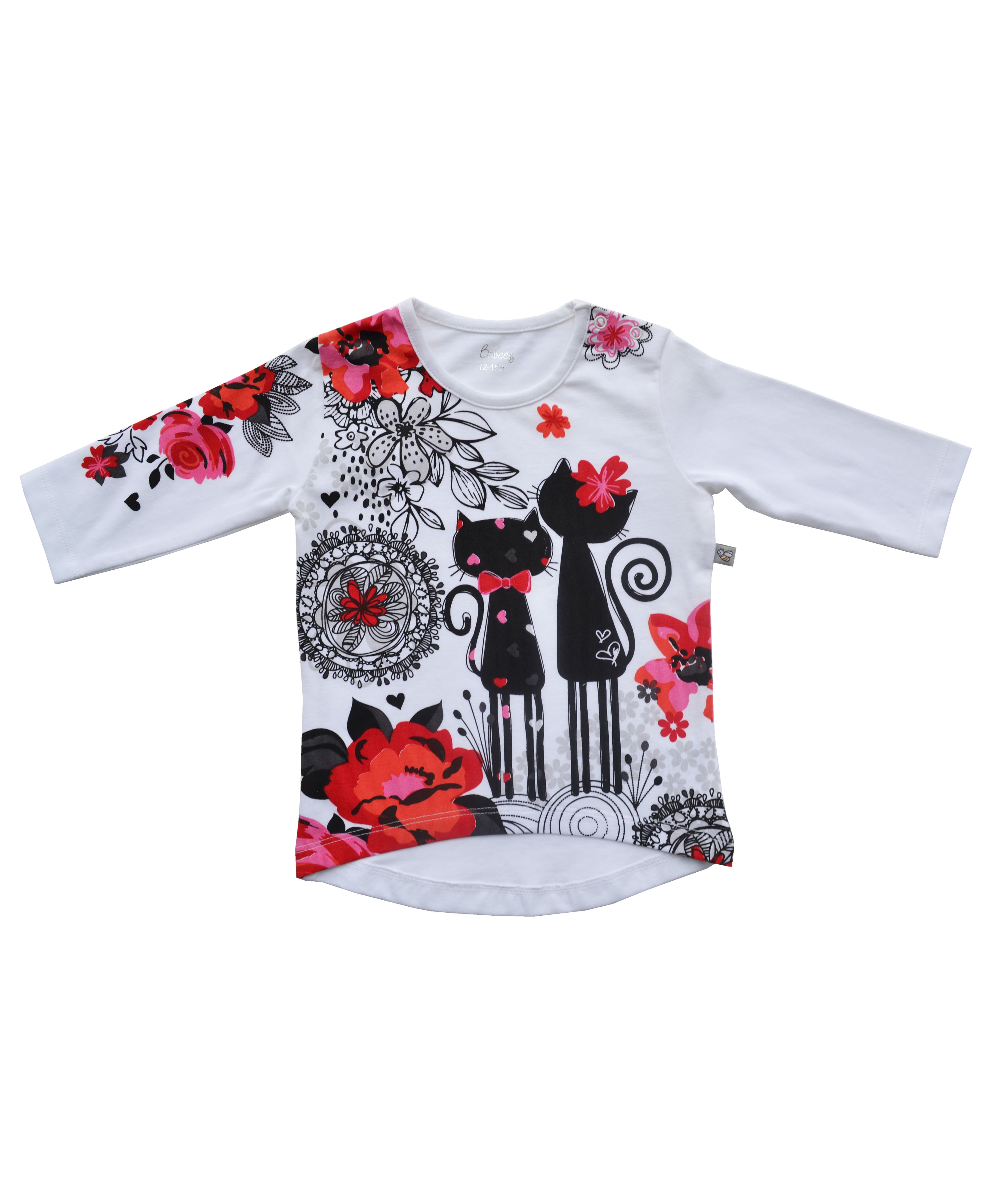Babeez | Girls White Top with Flower & Cat Print (95%Cotton 5%Elasthan Jersey) undefined