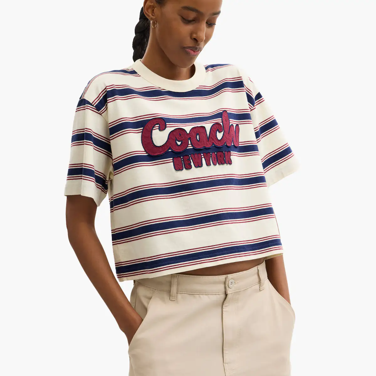 Cursive Coach Striped Cropped T-Shirt