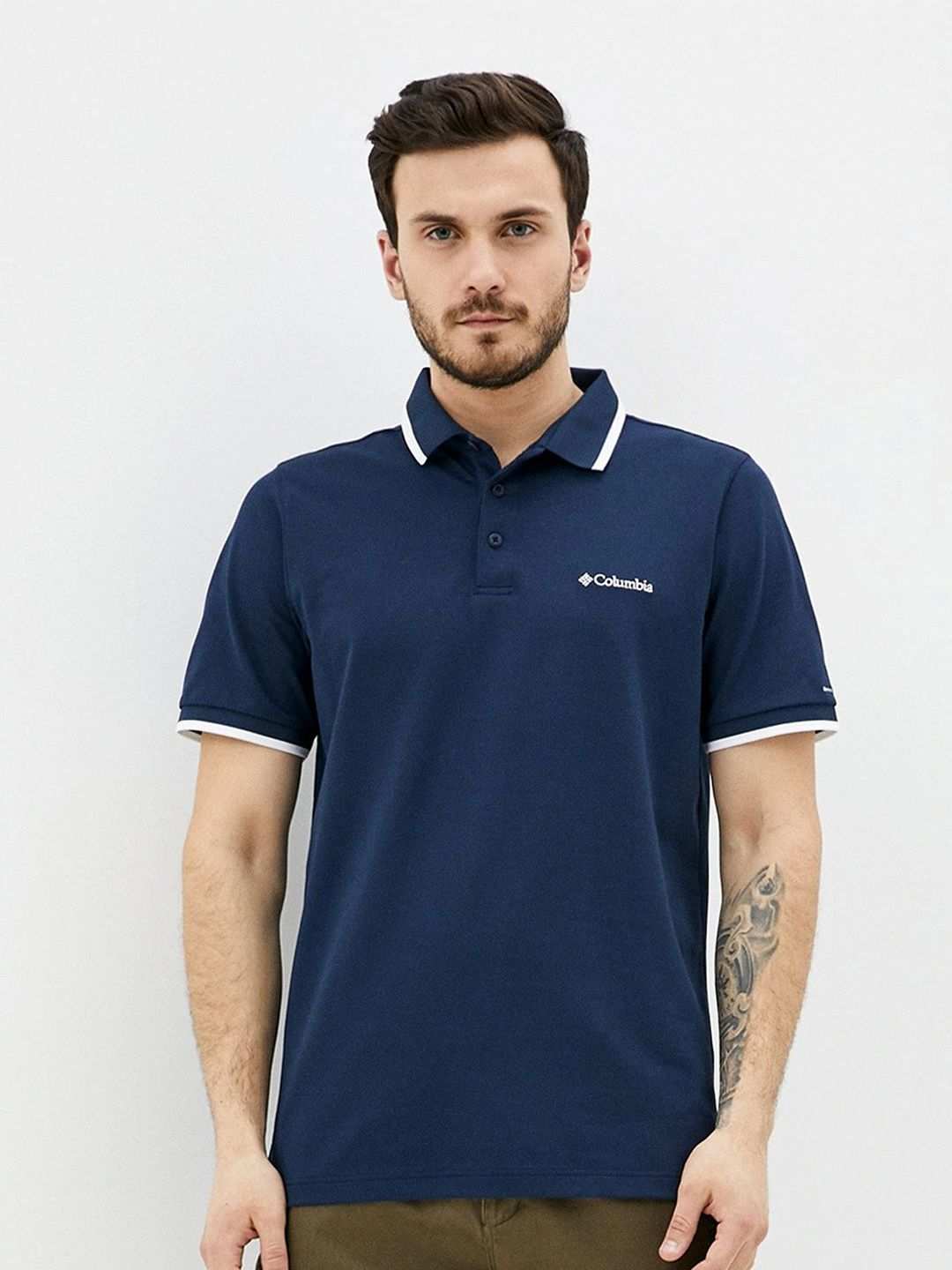 Men Navy Blue Cove Dome Butte Solid Pique Omni Freeze Polo Tshirt