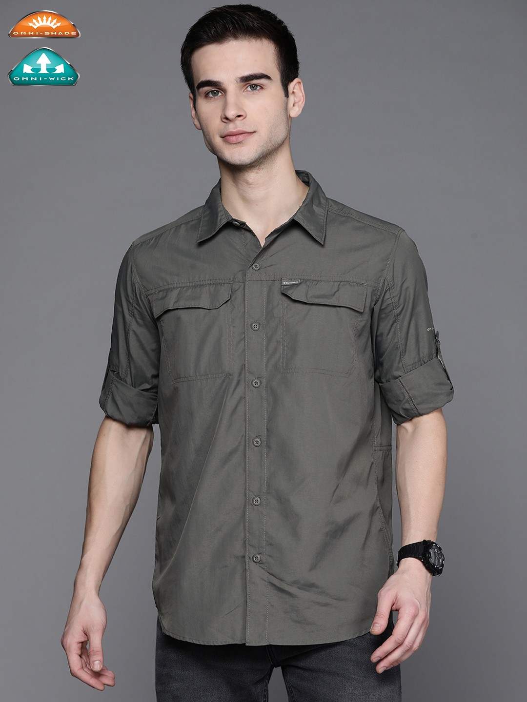 Men Grey Silver Ridge2.0 Long Sleeve Omni Freeze Shirt