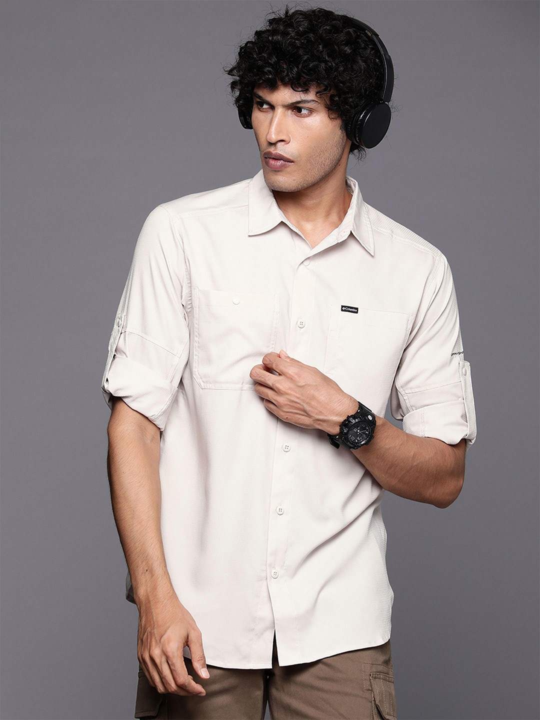 Men Beige Silver Ridge Utility Lite Long Sleeve Omni Freeze Shirt