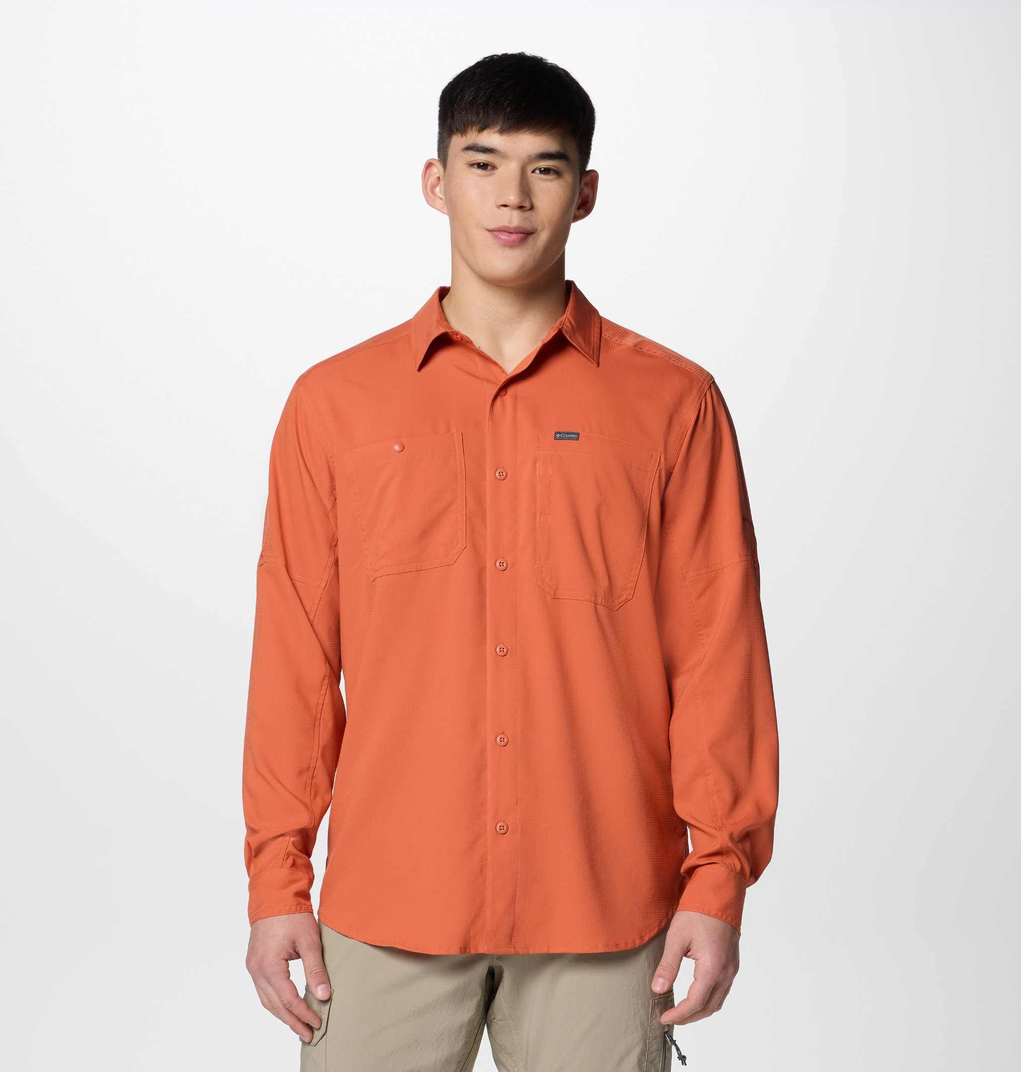 Men Orange Silver Ridge Utility Lite Long Sleeve Omni Shade Shirt