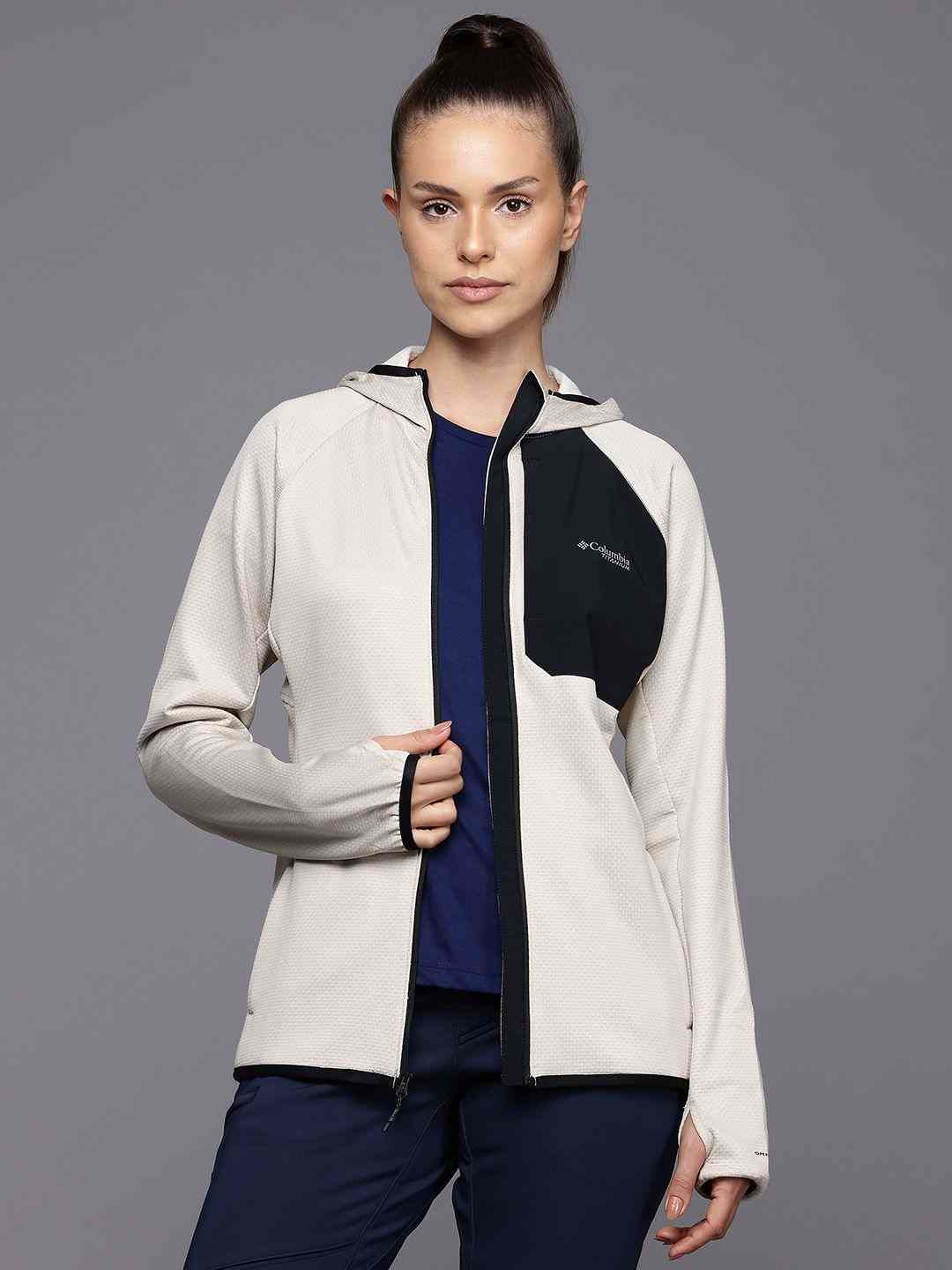 Women Beige Triple Canyon Grid Hooded Full Zip Omni Freeze Jacket