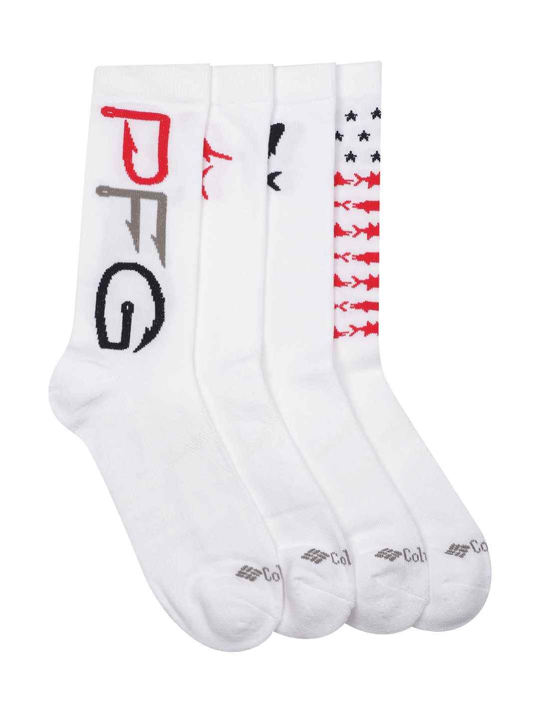 Columbia Mens White PFG Americana Crew High Ankle Pair of 4 Socks