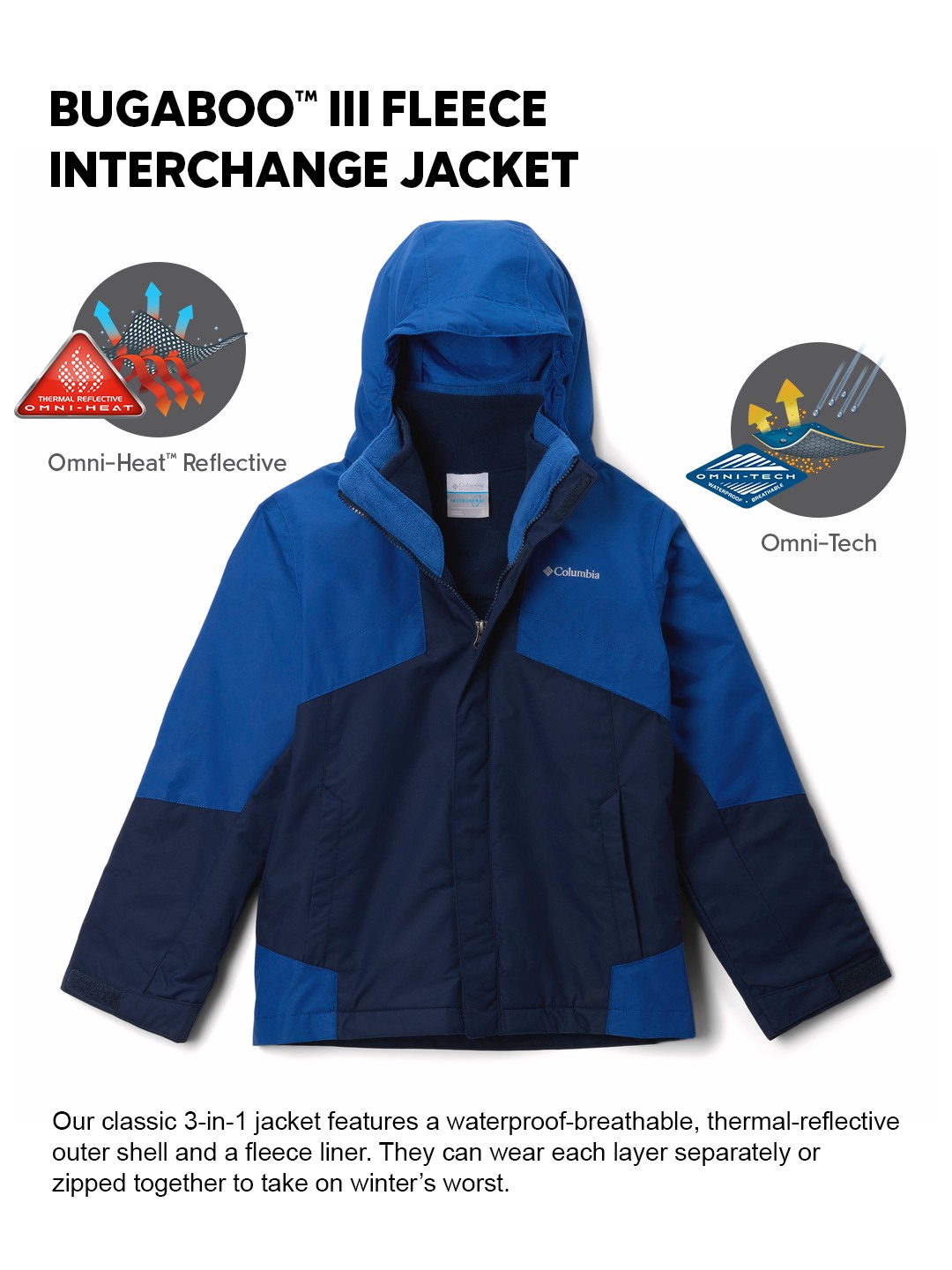 Kids Boys Navy Blue OmniHeat Reflective Bugaboo III Fleece Interchangeable Jacket