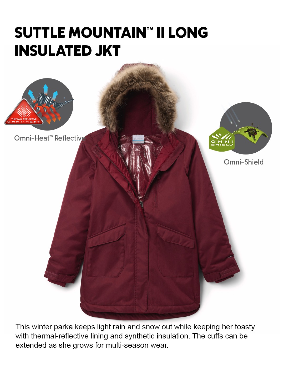 Kids Girls Maroon OmniHeat Reflective Suttle Mountain II Insulated Jacket