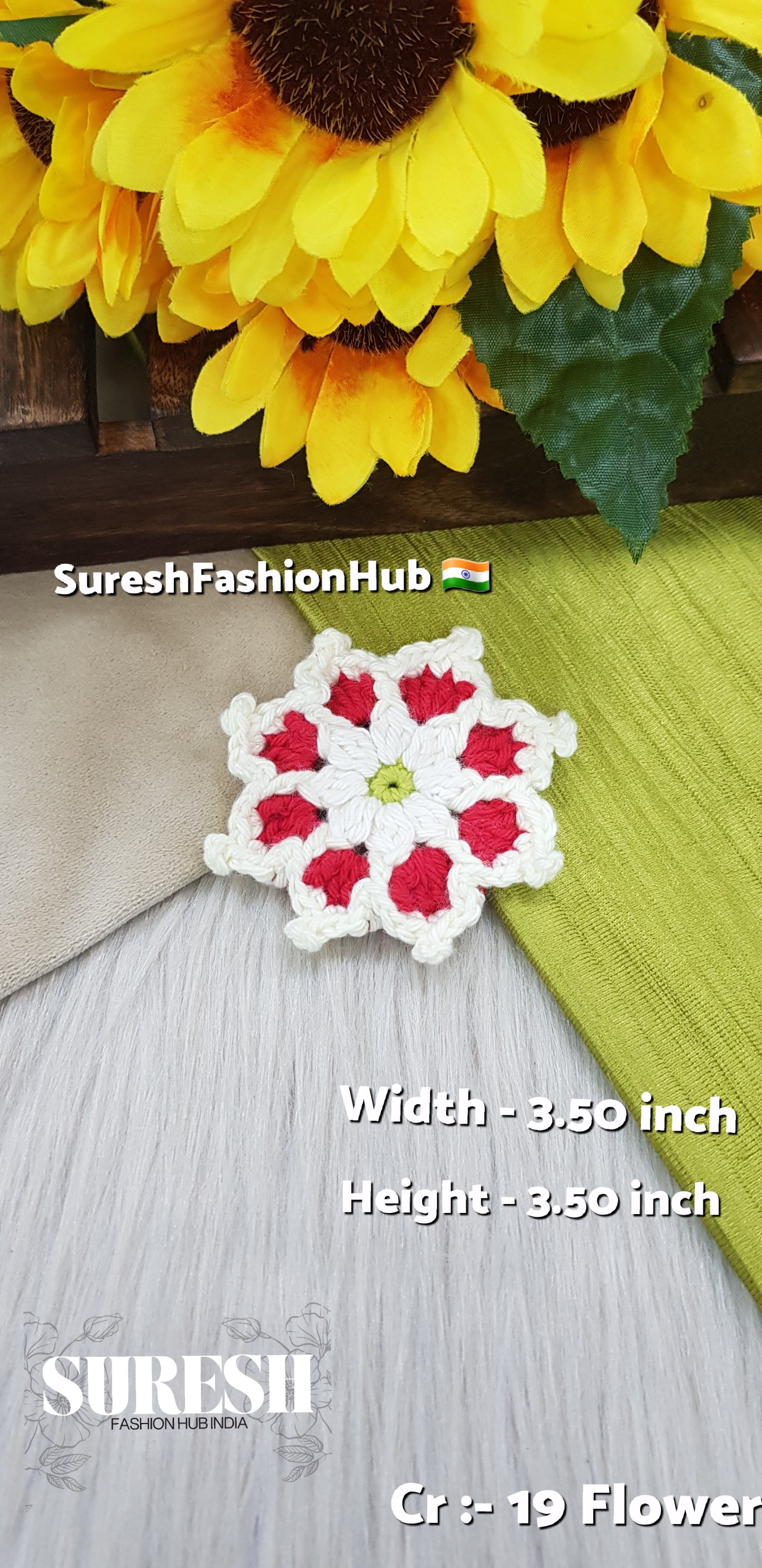 CR-19 Red & Off-White Crochet Flower Patch