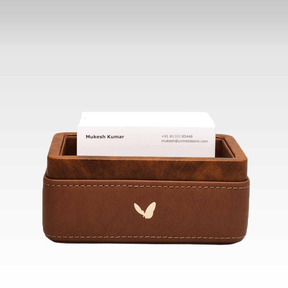 Rectangular Visiting / Business Card Holder for Desk in Premium Faux Leather | Rectangular | Size: 4.75x2.75x2(H) Inches | Lycra Series | Camel