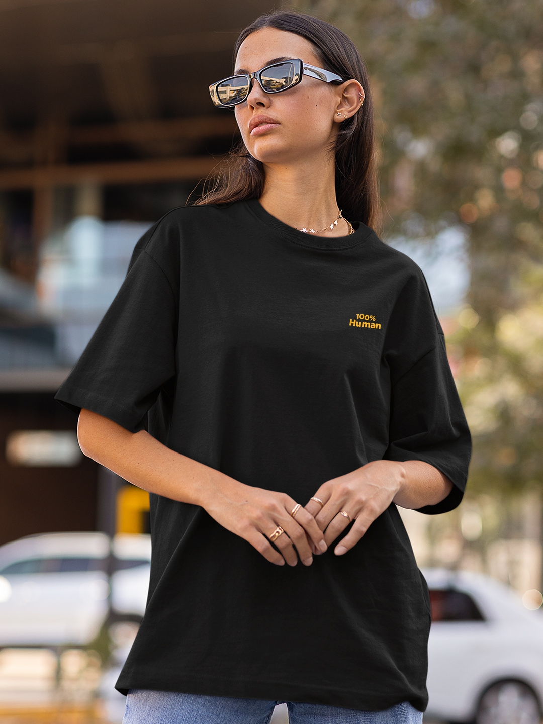 creativeideas.store | 100% Human Being Front & Back Printed Black Oversized Tshirt 1