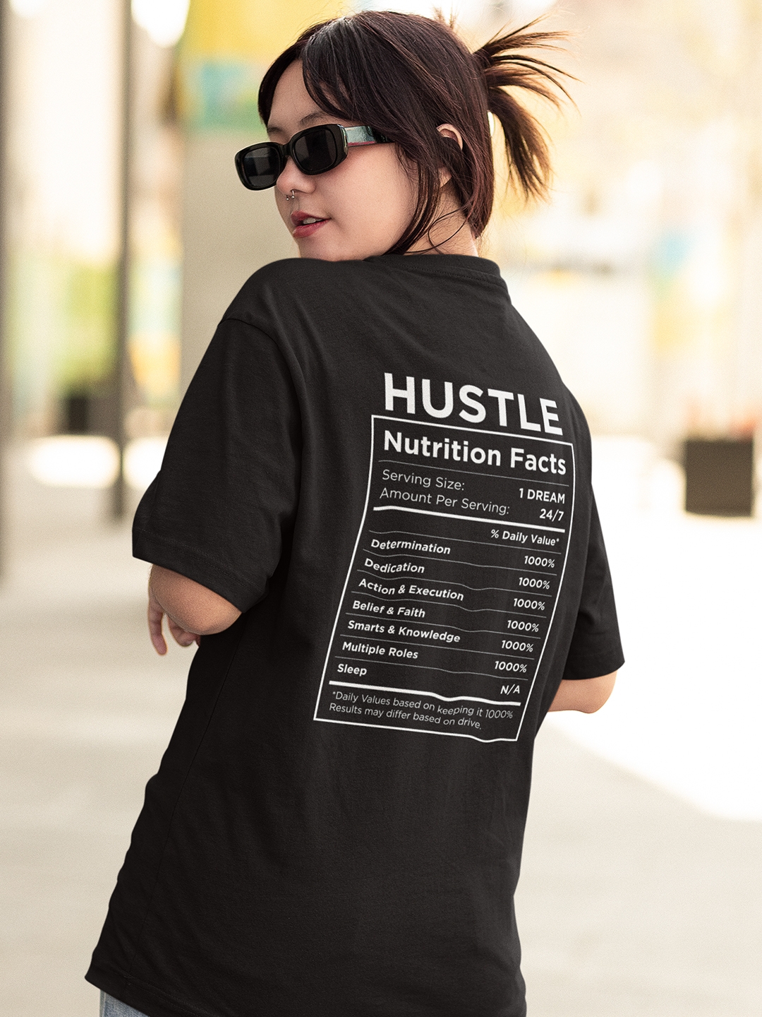 creativeideas.store | Hustle Nutrition Fact Fornt & Back Printed Black Oversized Tshirt 0
