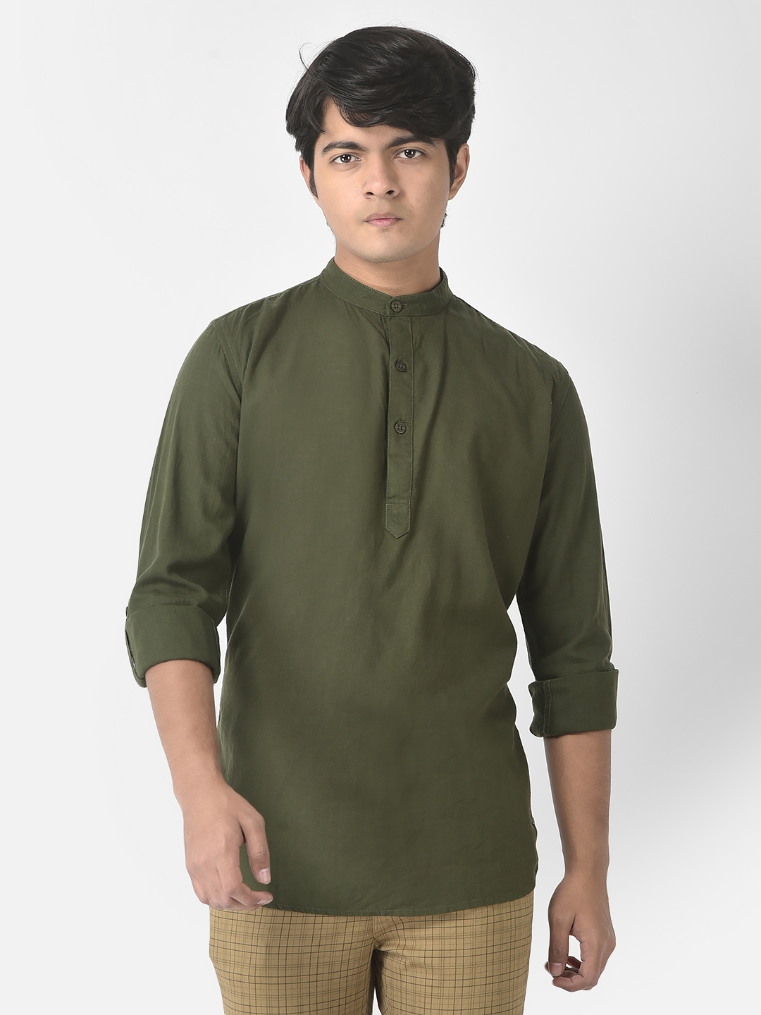 Crimsoune Club Boys Olive Green Shirt-Style Kurta