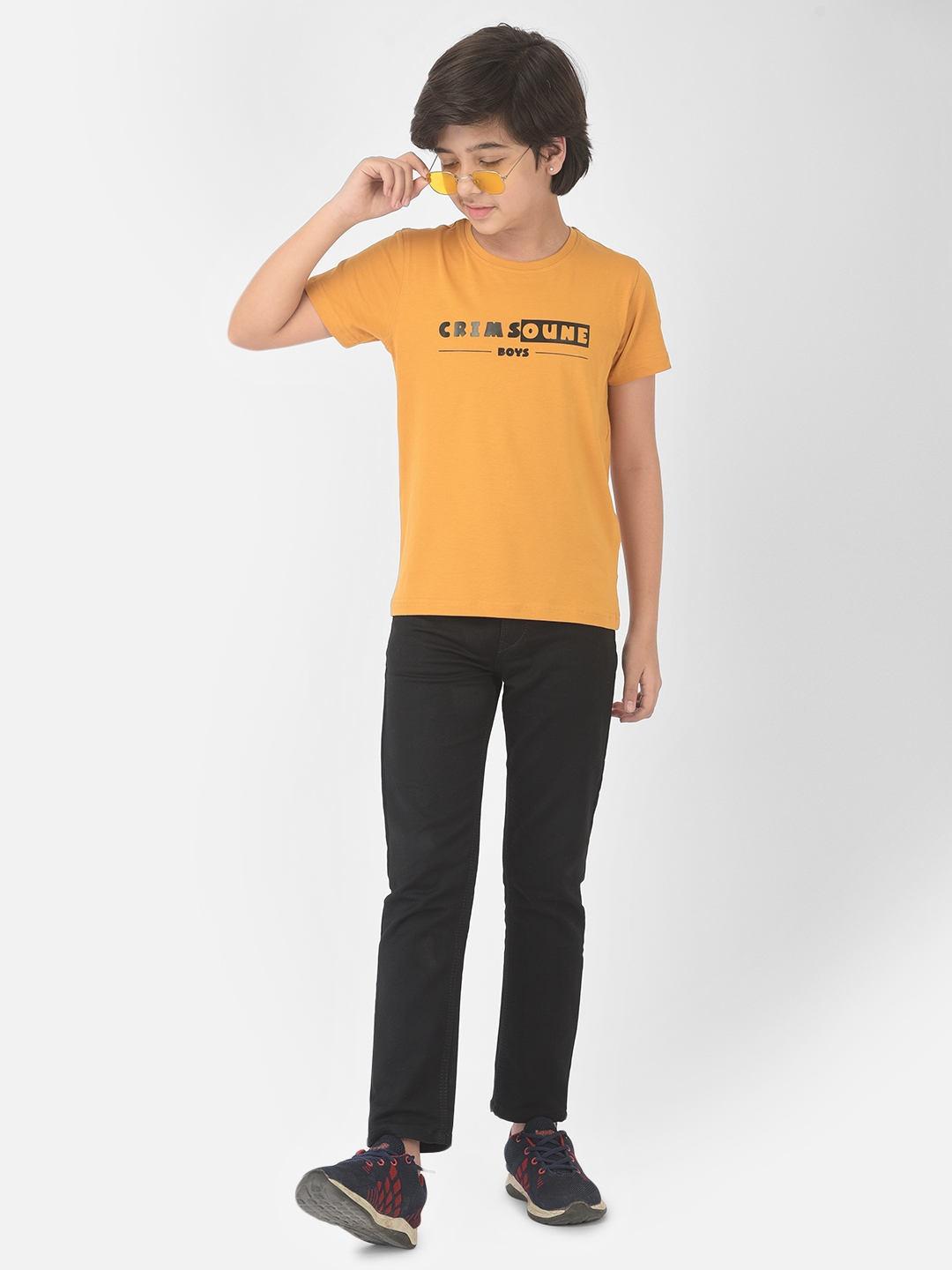 Crimsoune Club Boy Mustard Printed Round Neck T-shirt