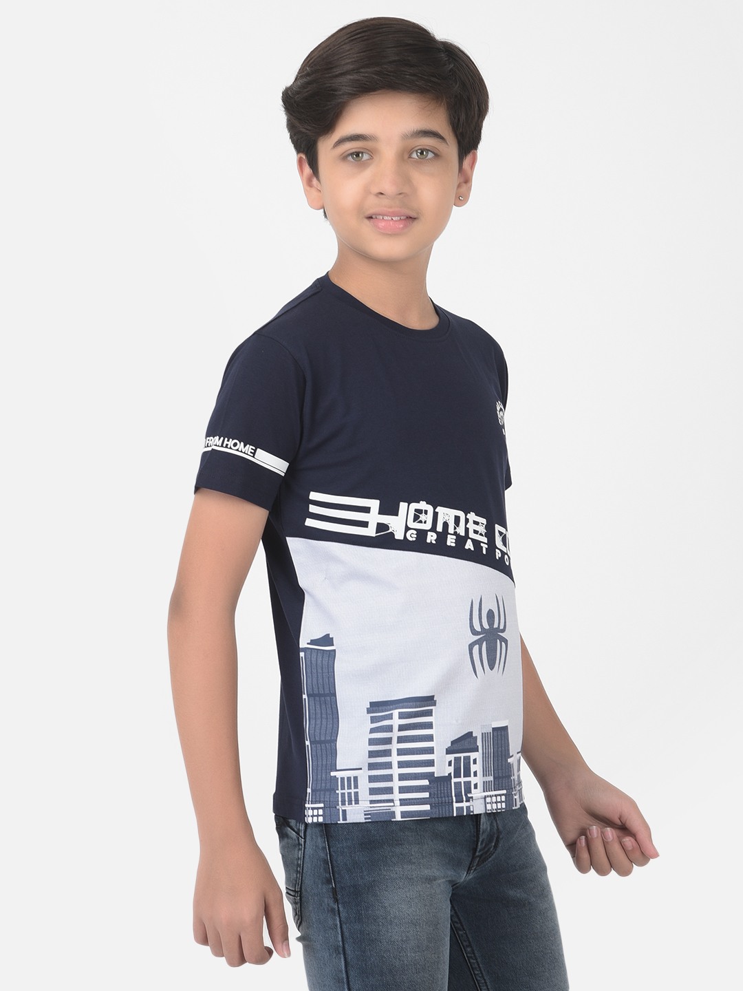 Crimsoune Club Boy Navy Blue Printed Round Neck T-shirt