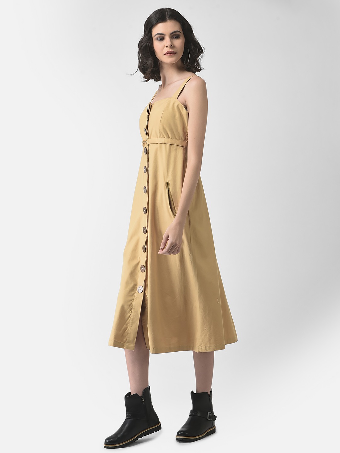 Crimsoune Club Women Belted Khaki Safari Dress