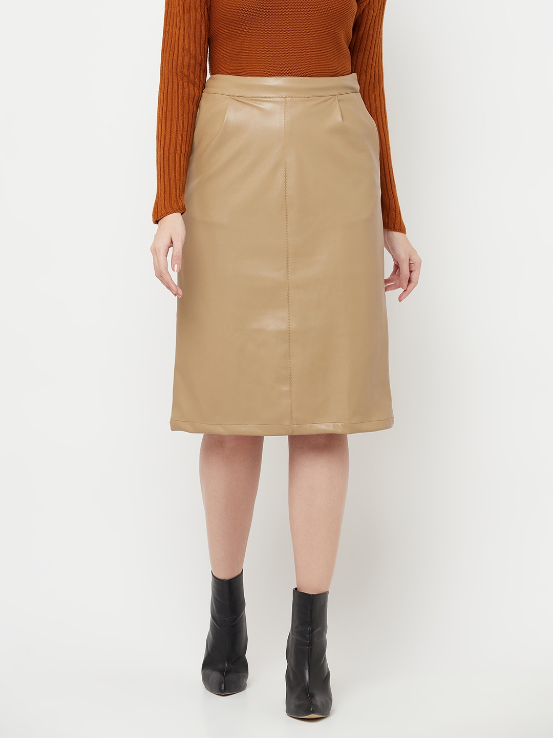 Crimsoune Club | Crimsoune Club Women Beige Solid Midi A-Line Leather Skirt 0