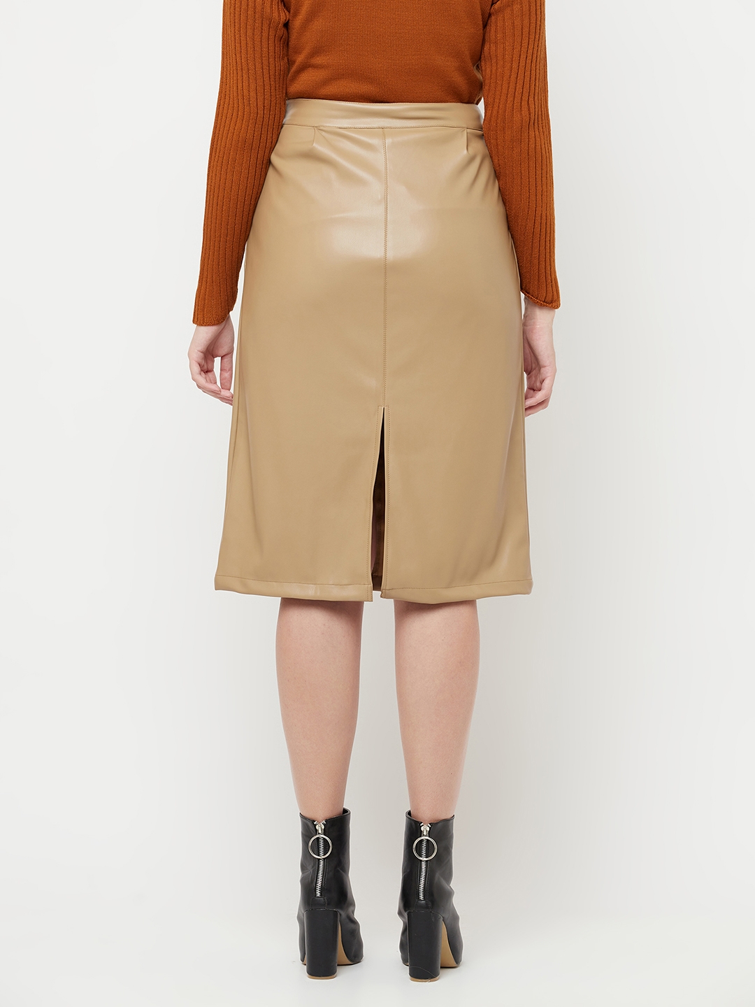 Crimsoune Club | Crimsoune Club Women Beige Solid Midi A-Line Leather Skirt 1