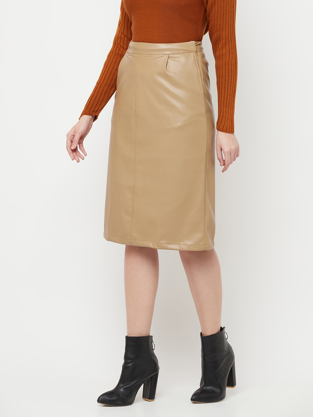Crimsoune Club | Crimsoune Club Women Beige Solid Midi A-Line Leather Skirt 2