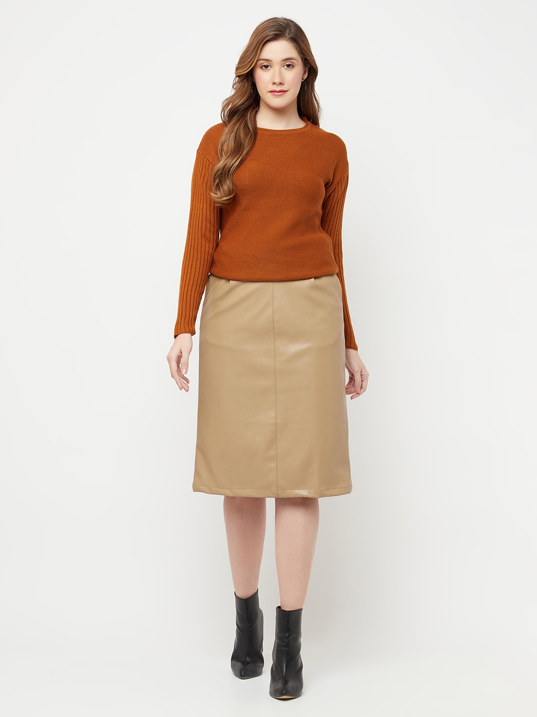 Crimsoune Club | Crimsoune Club Women Beige Solid Midi A-Line Leather Skirt 4