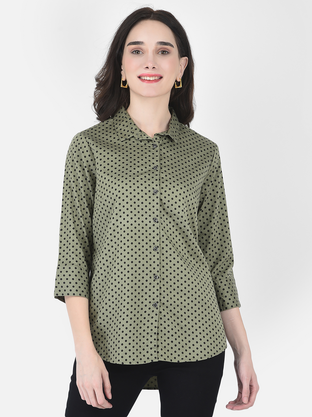 Crimsoune Club Women Olive Green Polka Dot Shirt