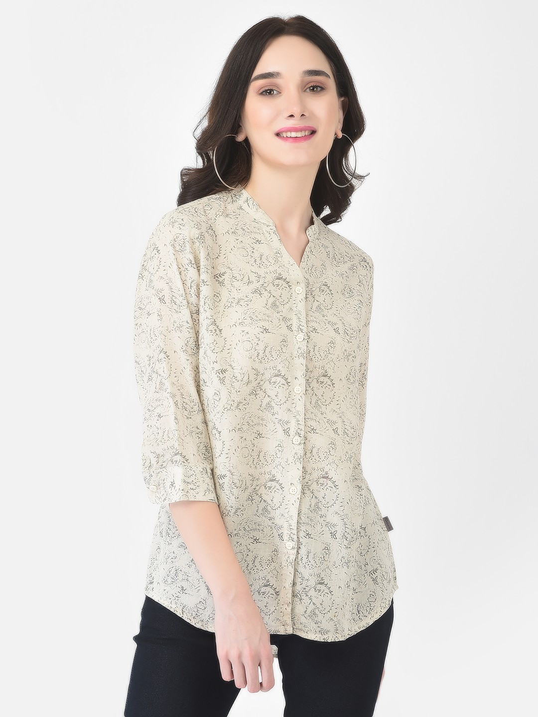 Crimsoune Club Women Beige Floral Print Shirt