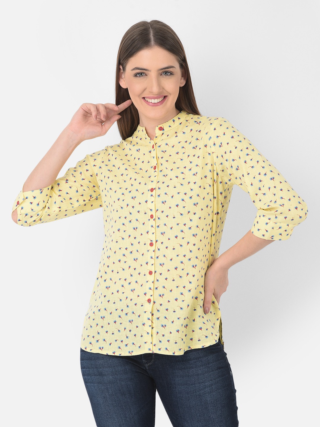 Crimsoune Club Women Yellow Floral Printed Linen Mandarin Collar Shirt Crimsoune Club