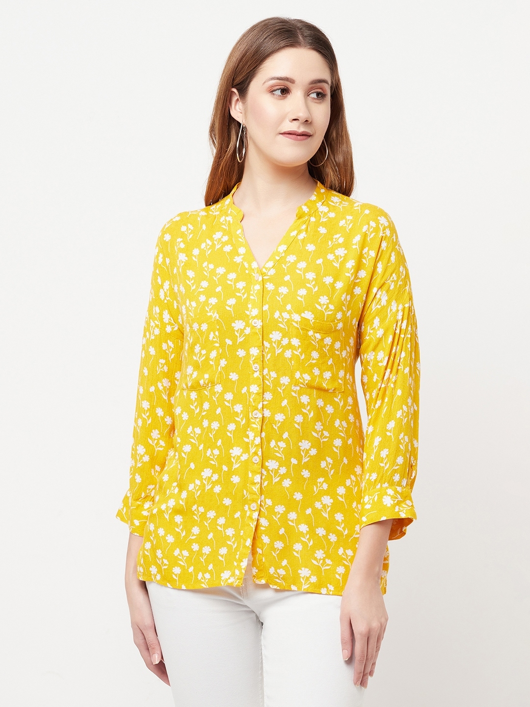 Crimsoune Club | Crimsoune Club Women Yellow Floral Printed V-Neck Shirt 0