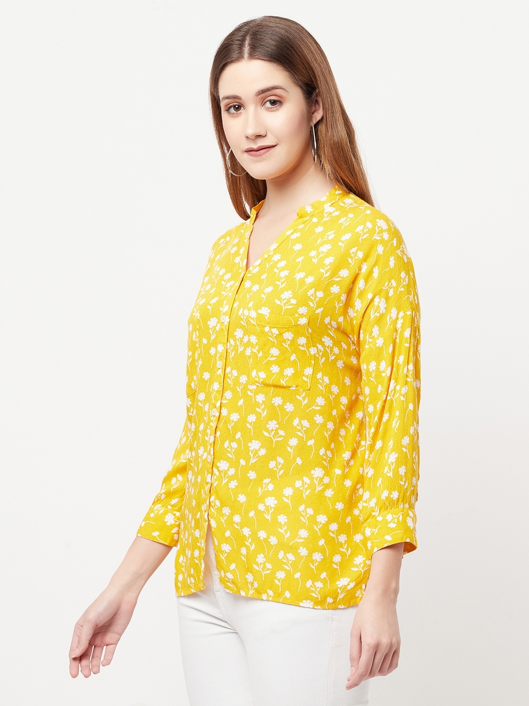 Crimsoune Club | Crimsoune Club Women Yellow Floral Printed V-Neck Shirt 2