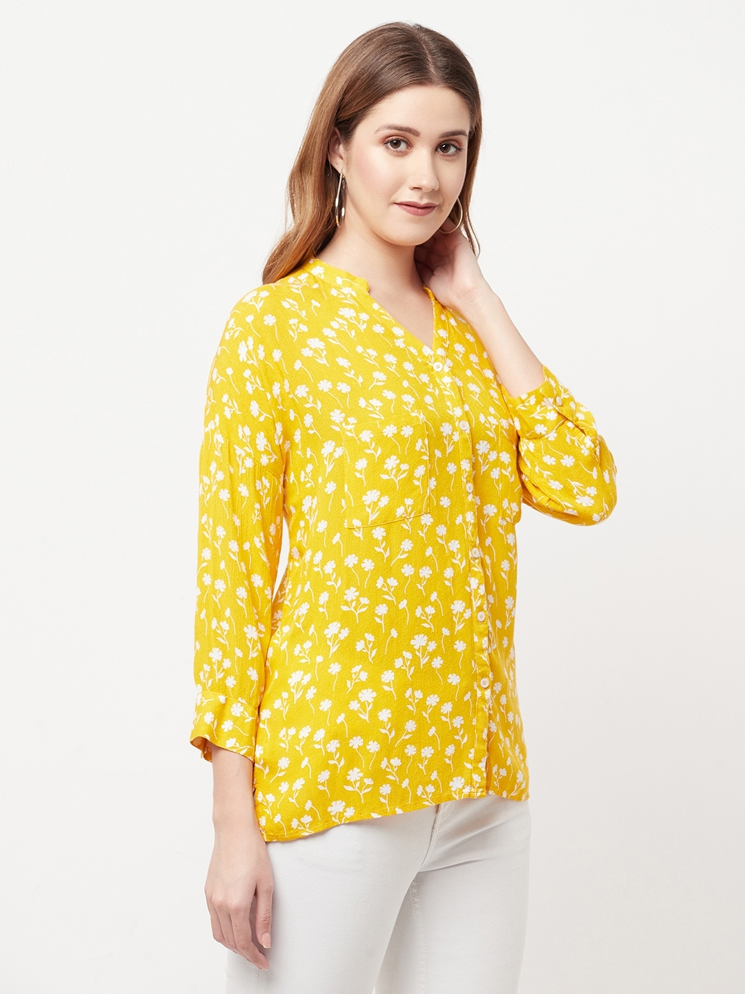Crimsoune Club | Crimsoune Club Women Yellow Floral Printed V-Neck Shirt 3
