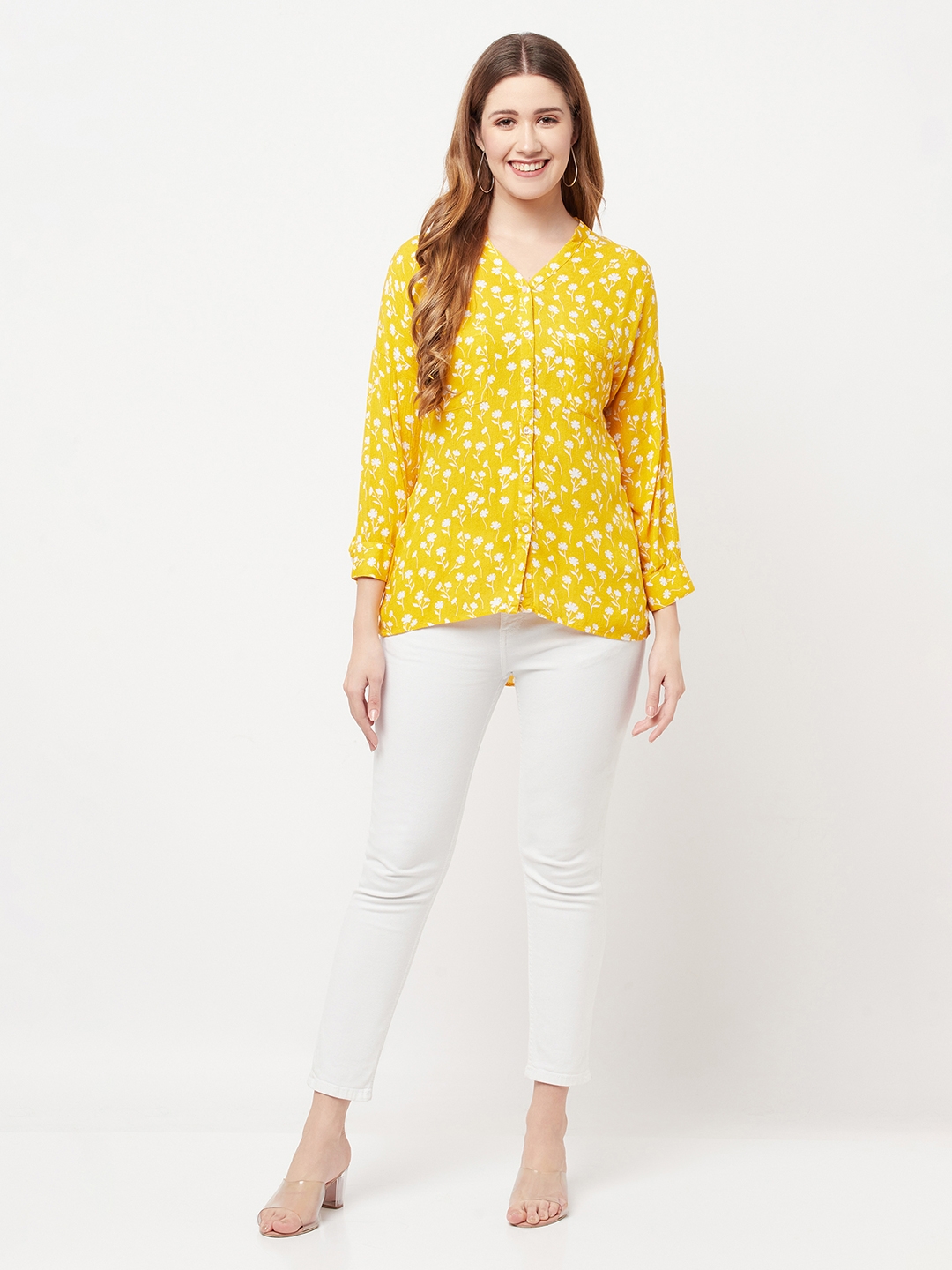 Crimsoune Club | Crimsoune Club Women Yellow Floral Printed V-Neck Shirt 4