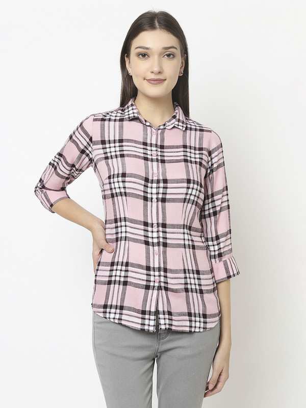 Crimsoune Club Women Light Pink Shirt in Tartan Check Print