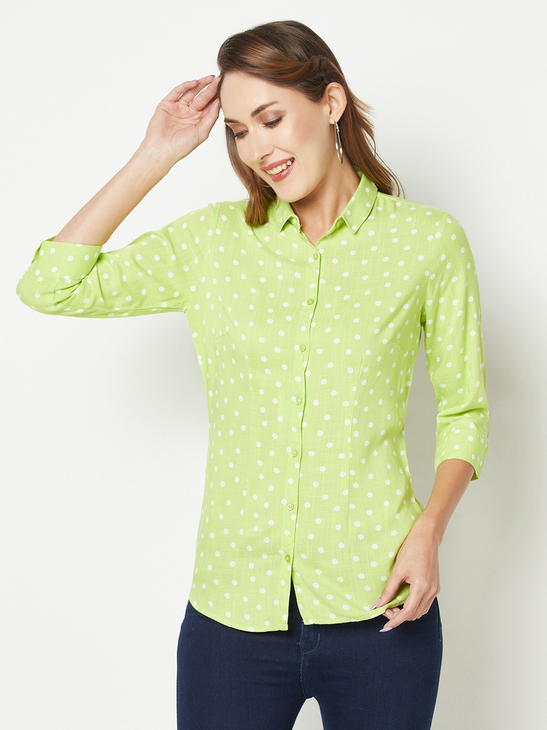 Crimsoune Club Women Light Green Polka Dotted Shirt