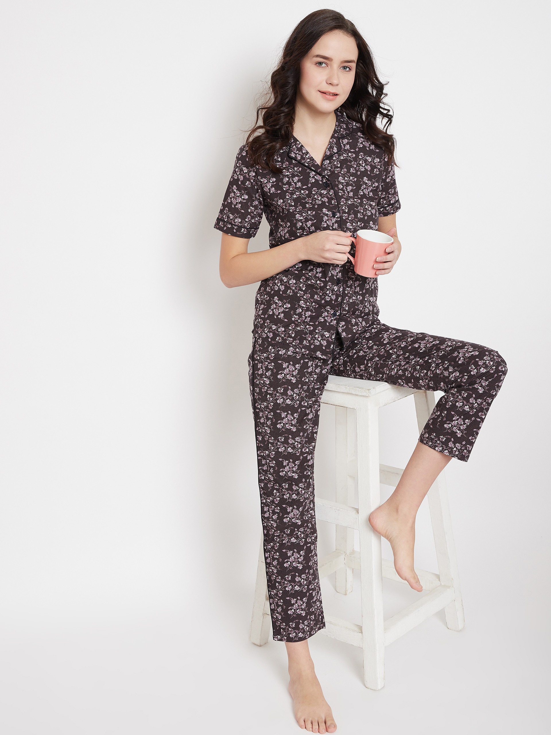 Crimsoune Club Brown Printed Womens Night Suit
