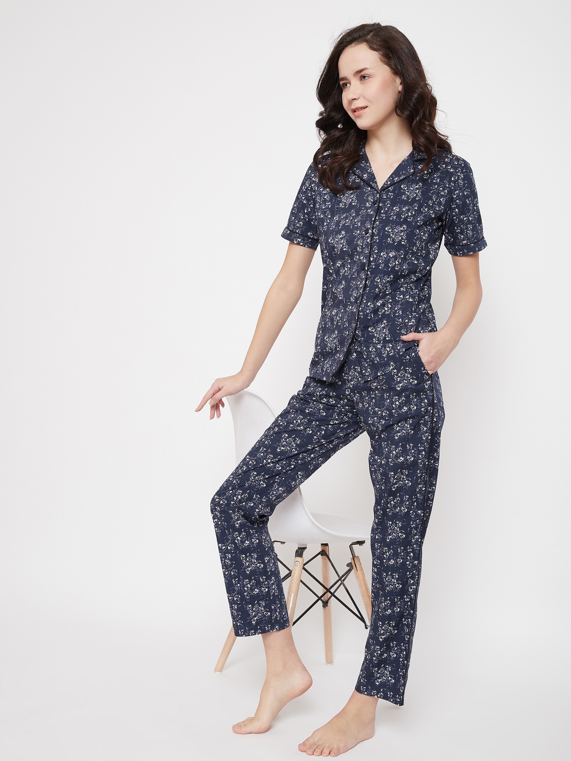Crimsoune Club Navy Blue Printed Womens Night Suit