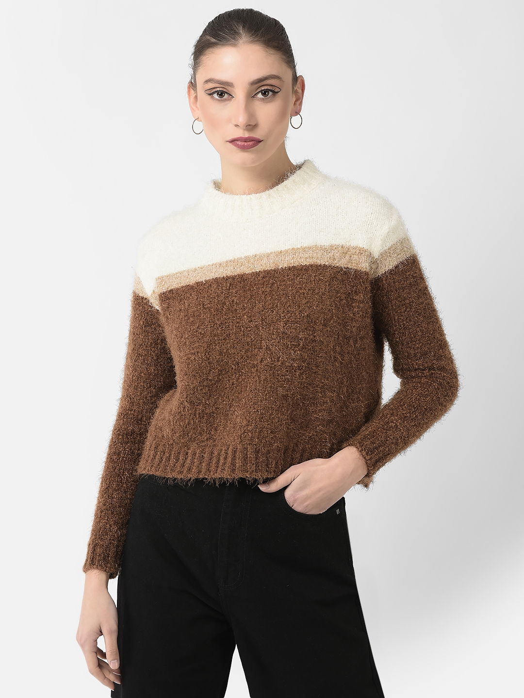 Crimsoune Club | Crimsoune Club Women Brown Colour-Blocked Sweater 0