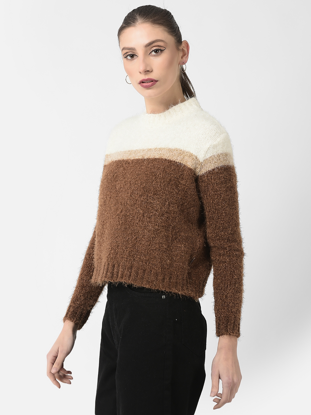 Crimsoune Club | Crimsoune Club Women Brown Colour-Blocked Sweater 1