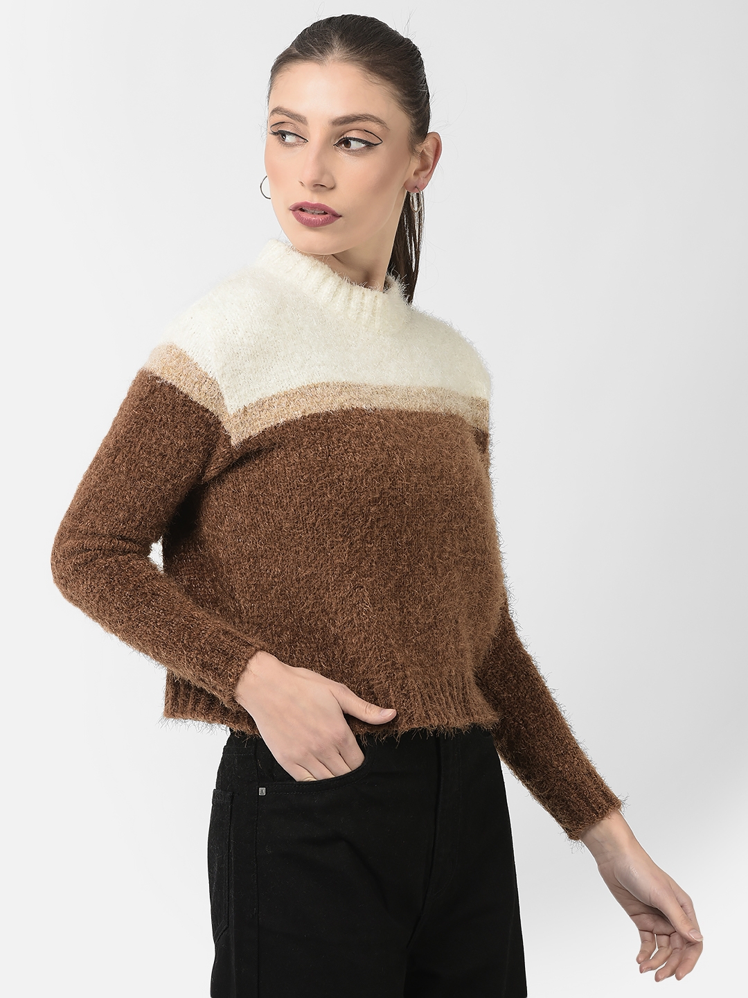 Crimsoune Club | Crimsoune Club Women Brown Colour-Blocked Sweater 2