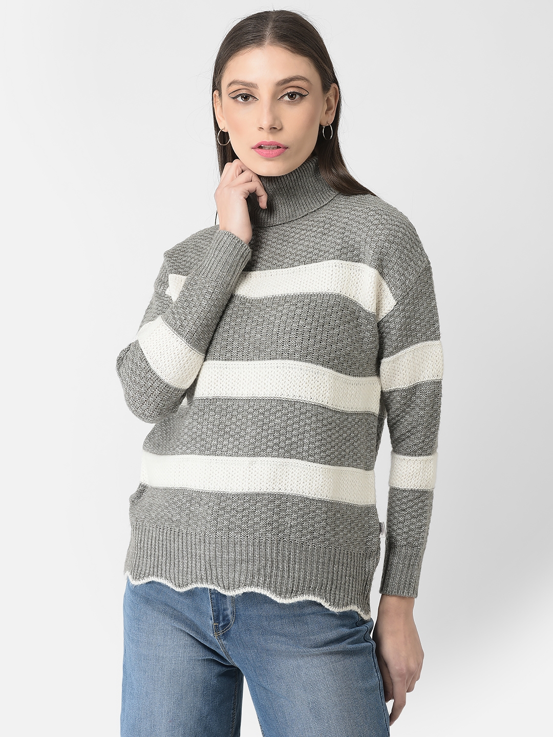 Crimsoune Club | Crimsoune Club Women Grey Turtle-Neck Striped Sweater 0