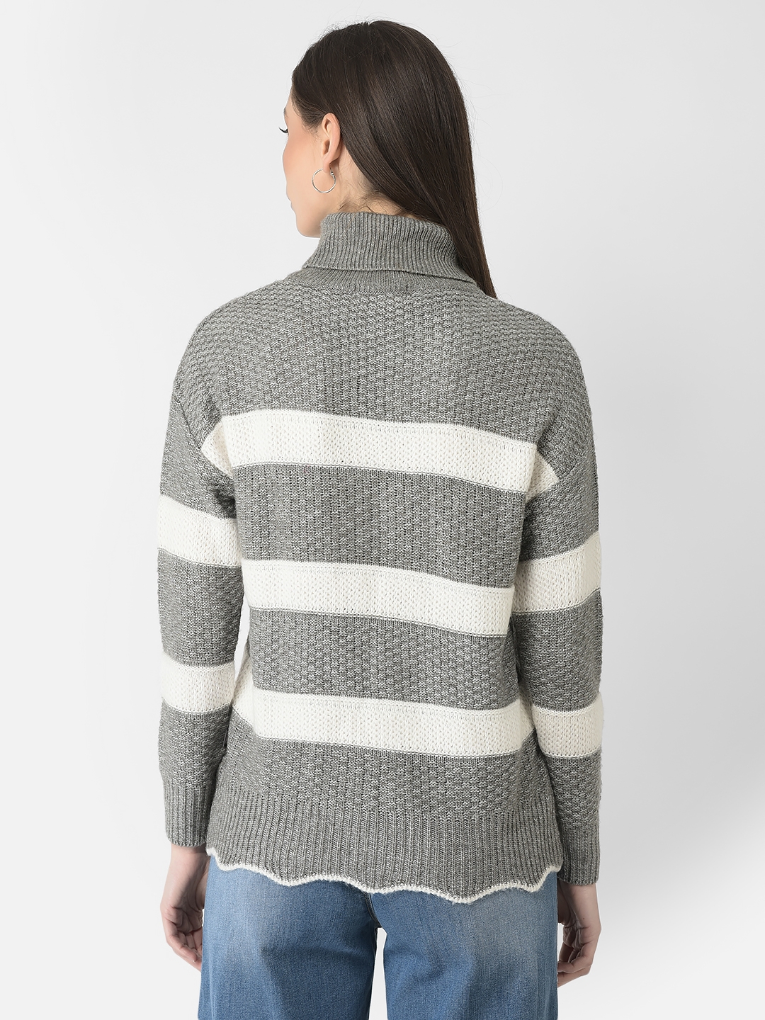 Crimsoune Club | Crimsoune Club Women Grey Turtle-Neck Striped Sweater 1