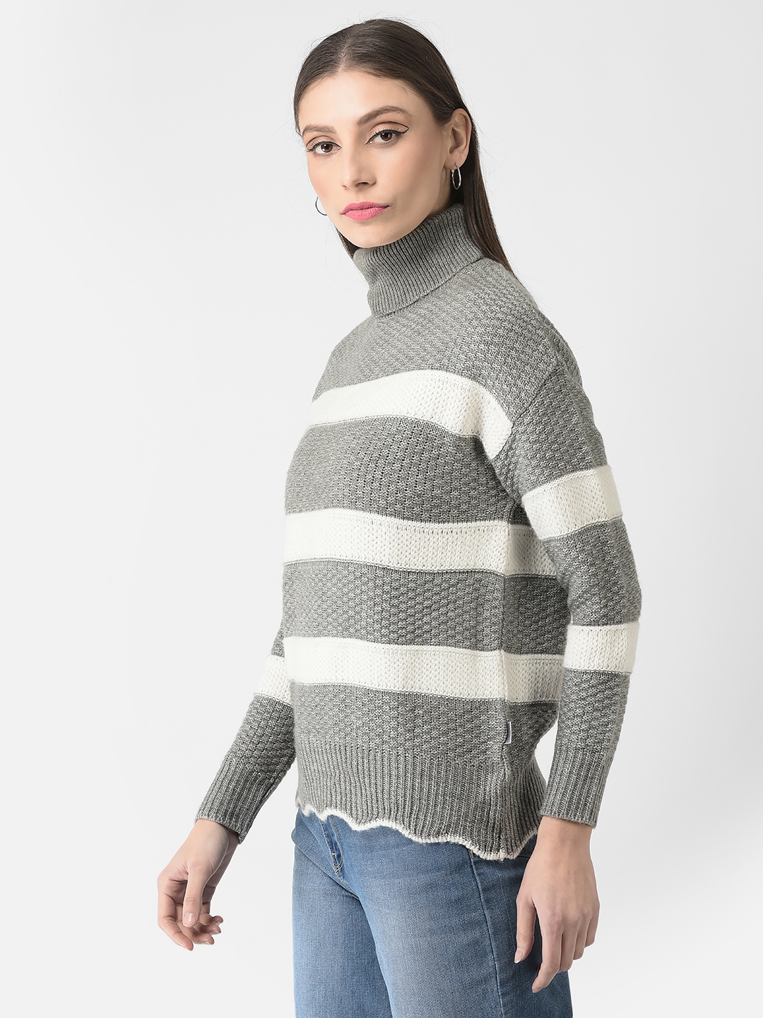 Crimsoune Club | Crimsoune Club Women Grey Turtle-Neck Striped Sweater 2