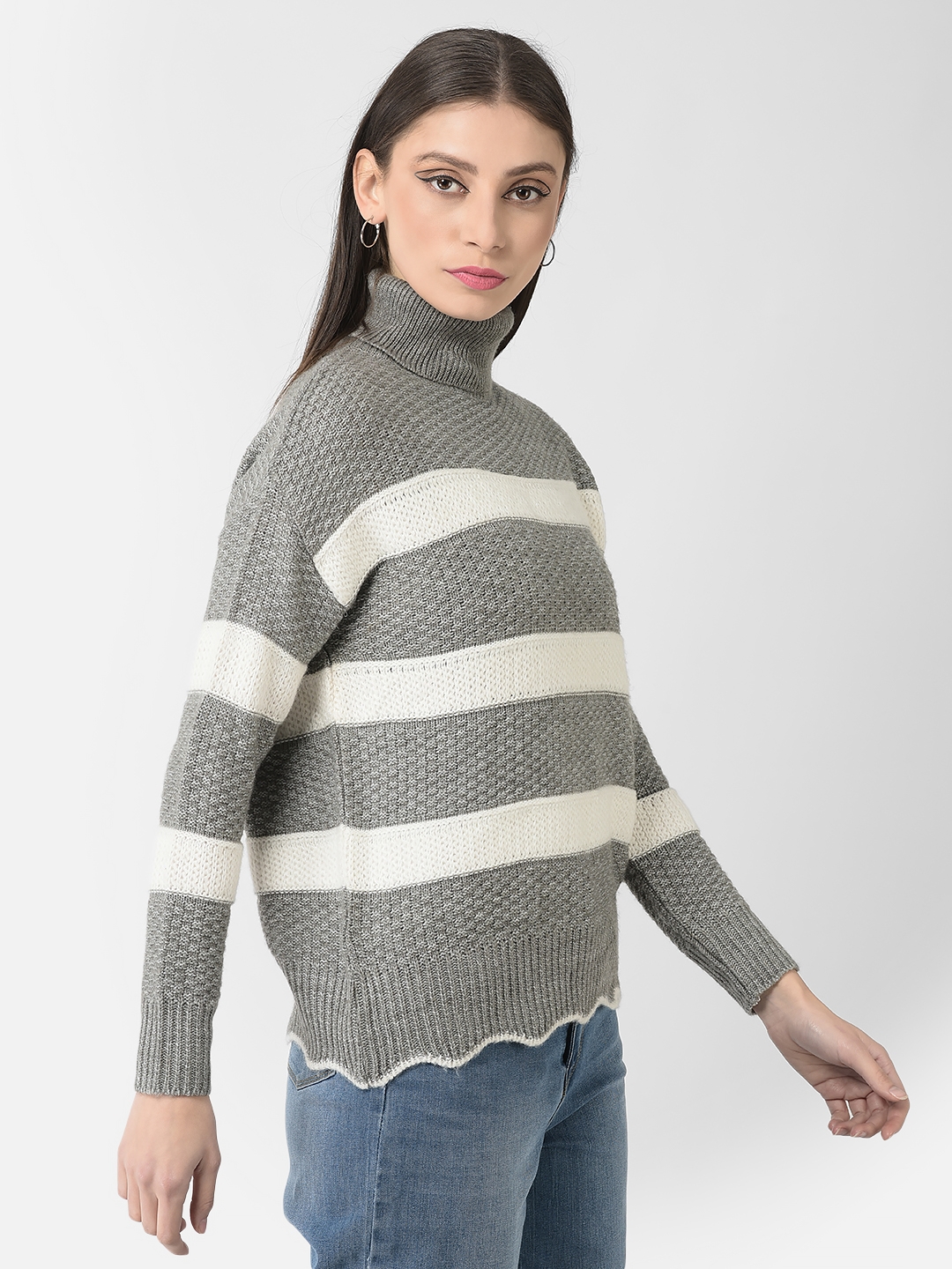 Crimsoune Club | Crimsoune Club Women Grey Turtle-Neck Striped Sweater 3