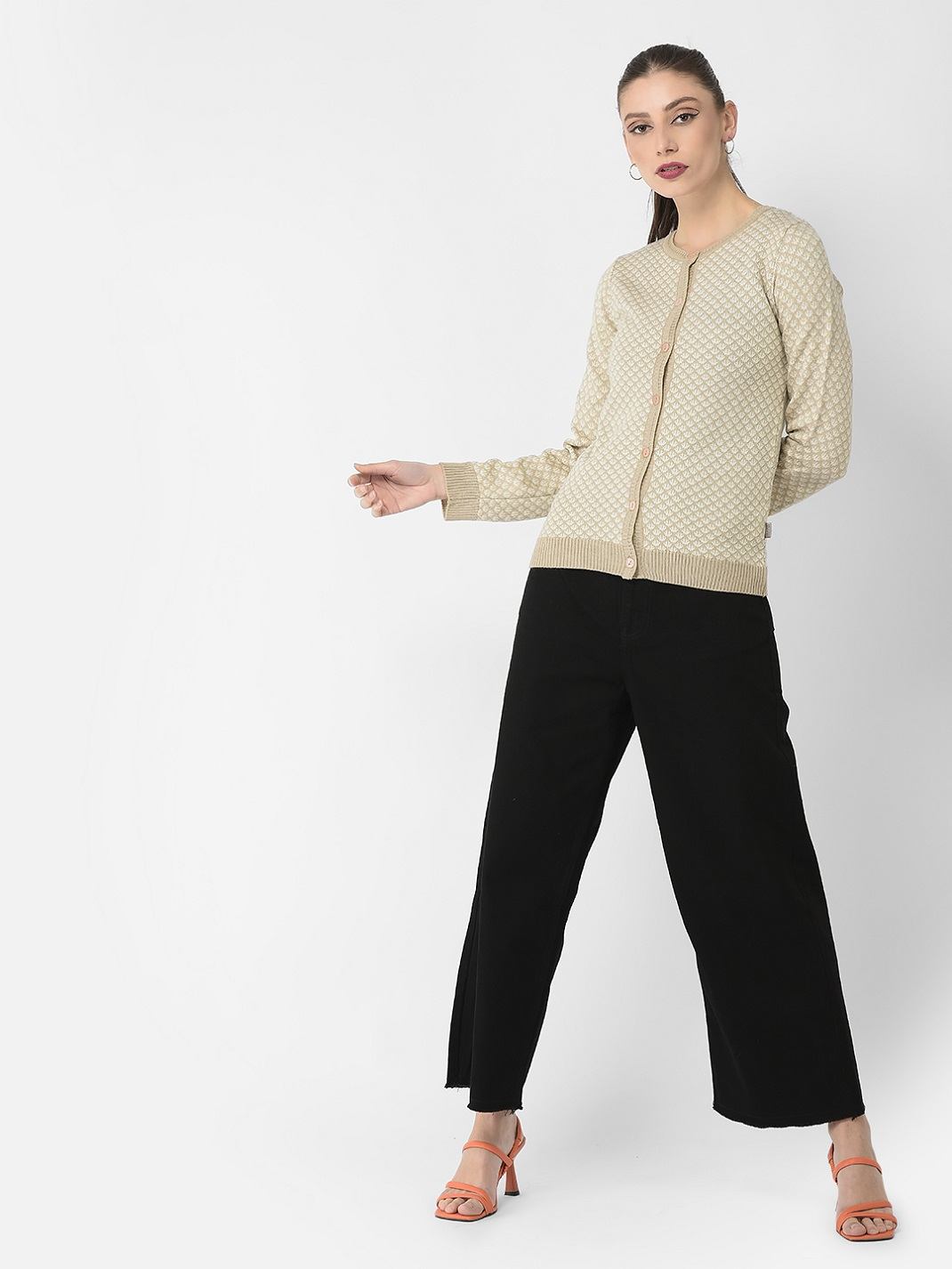 Crimsoune Club Women Beige Abstract Print Cardigan